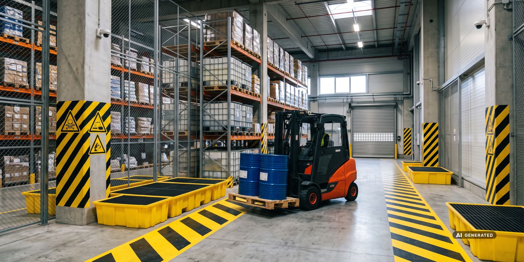 Gabelstapler transportiert Chemiefässer in einer gesicherten Logistikimmobilie mit speziellen Havariebecken und klaren Bodenmarkierungen für WGK.